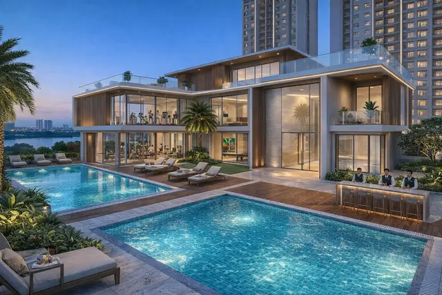 L&T Jakkur clubhouse and swimming pool deck — central amenity anchor of the campus