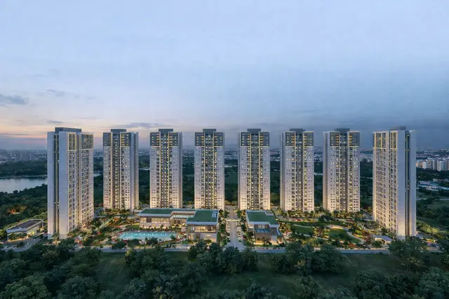 L&T Jakkur skyline view — 8 residential towers stacked B+G+34 off Thanisandra Main Road