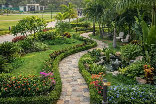 L&T Jakkur landscaped garden — central pedestrian spine and amenity park on the 12.6-acre campus