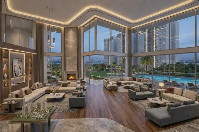 L&T Jakkur clubhouse lounge interior — central social anchor of the campus amenity stack