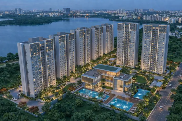 L&T Jakkur aerial view — 8 residential towers around a central amenity park on 12.6 acres off Thanisandra Main Road