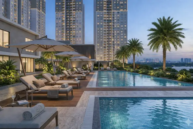 L&T Jakkur swimming pool deck — leisure pool zone at the central amenity deck